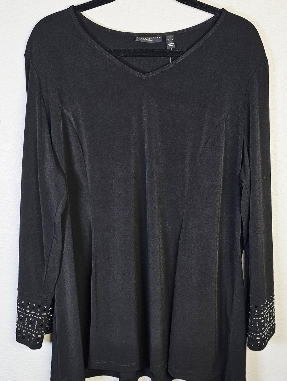 Susan Graver Artisan Black Embellished Cuff Tunic Top XL NWT